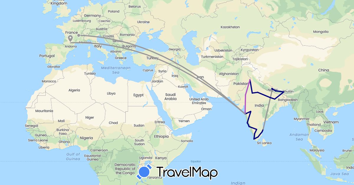 TravelMap itinerary: driving, plane, train in France, India, Nepal (Asia, Europe)