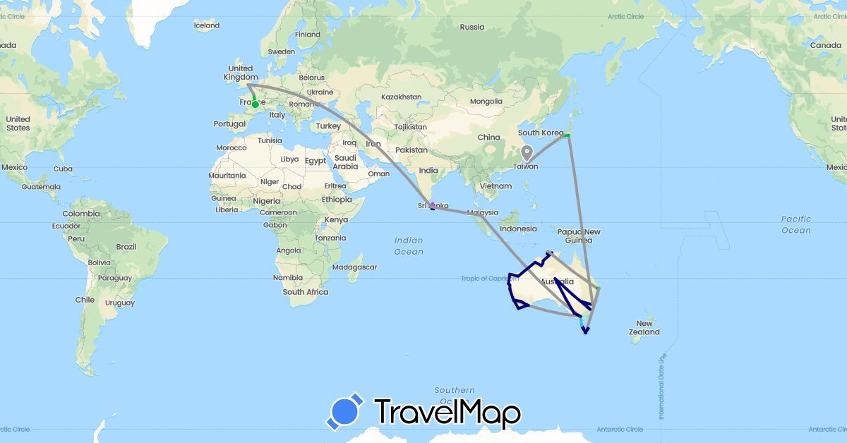 TravelMap itinerary: driving, bus, plane, train, boat in Australia, France, United Kingdom, Japan, Sri Lanka, Malaysia, Taiwan (Asia, Europe, Oceania)